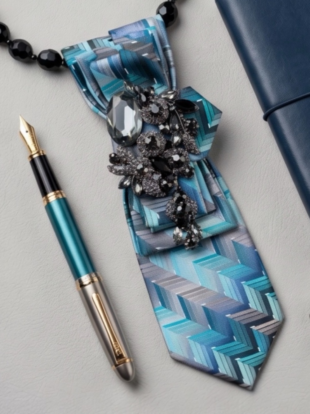 Black Beaded Tie Necklace with Blue Chevron Pendant - - Picture 5 of 5